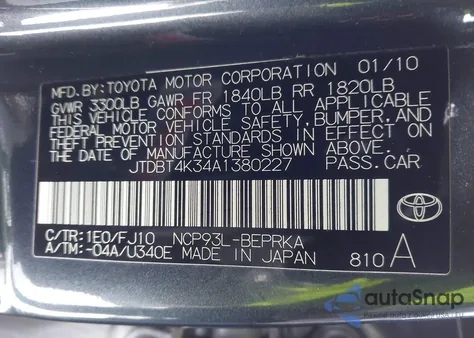 2010 Toyota Yaris z USA, uszkodzony, nr VIN JTDBT4K34A1380227